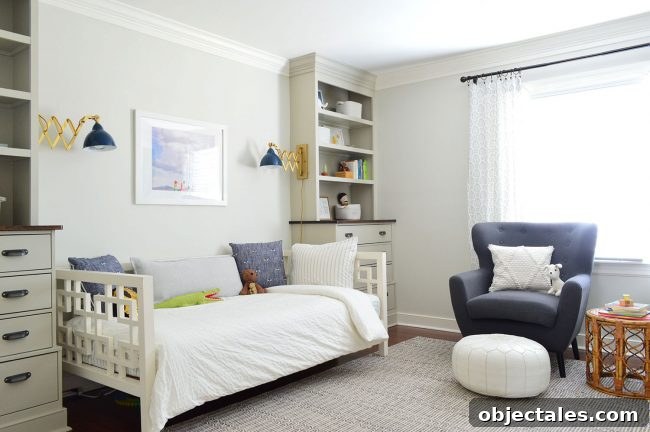 Reading corner with chair, pouf, and curtains