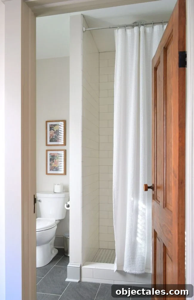 Hidden Loophole That Delayed Our Duplex Construction 9 Downstairs bathroom with 9-foot ceilings and long shower curtain