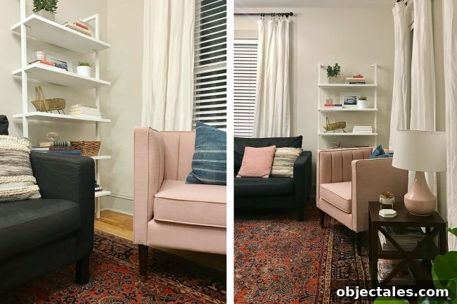 Pink armchair at night showing blocked bookcase