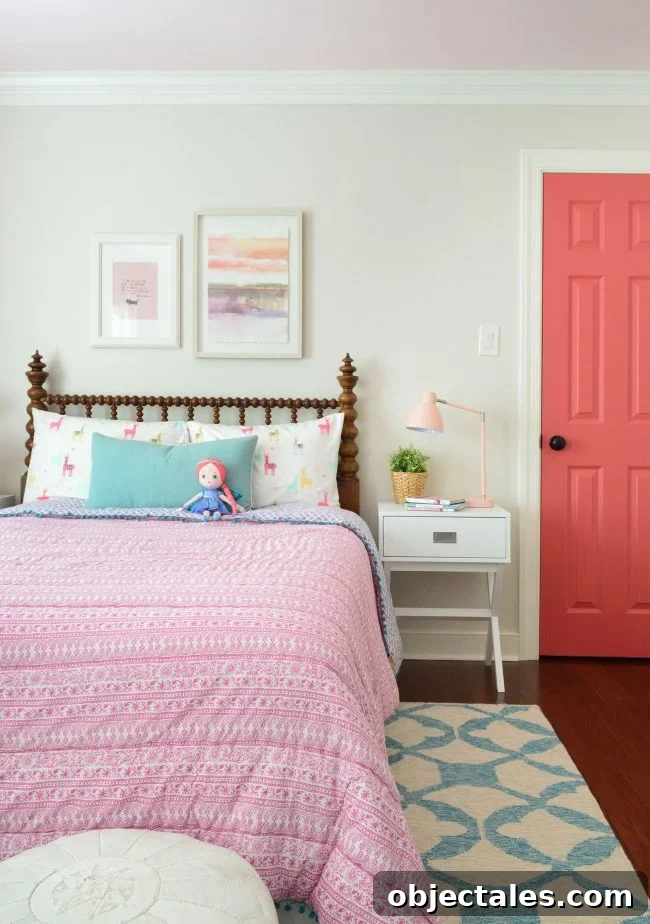 Girls room with vintage headboard