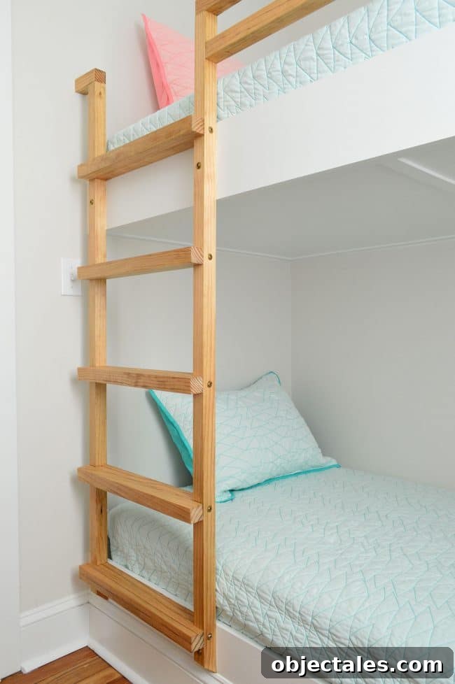 How to Build Built-In Bunk Beds: Step-by-Step Guide 20 stained wood ladder for wall to wall bunk beds