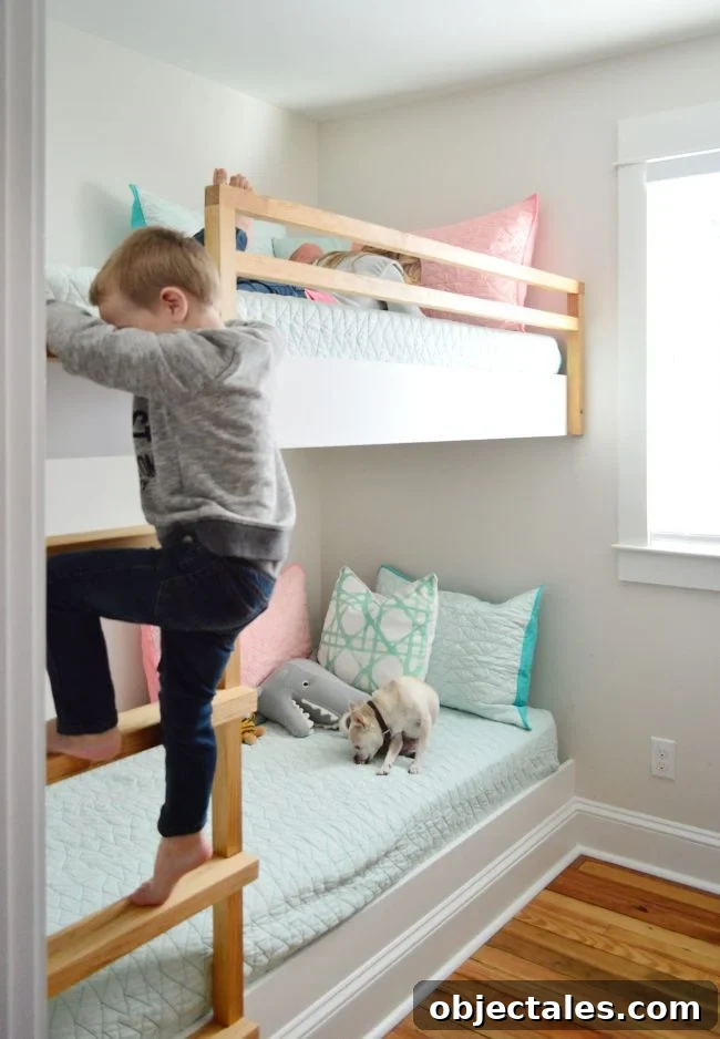 How to Build Built-In Bunk Beds: Step-by-Step Guide 24 diy built in wall to wall bunk beds with child climbing ladder