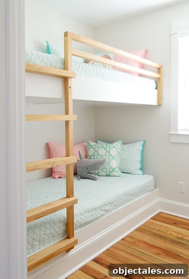 How to Build Built-In Bunk Beds: Plans & Step-by-Step 16 diy built in beds with raw wood railing and ladder in a small room
