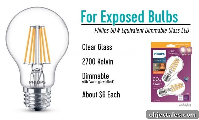 Our favorite light bulb for Exposed LED bulbs the Philips 60W Dimmable