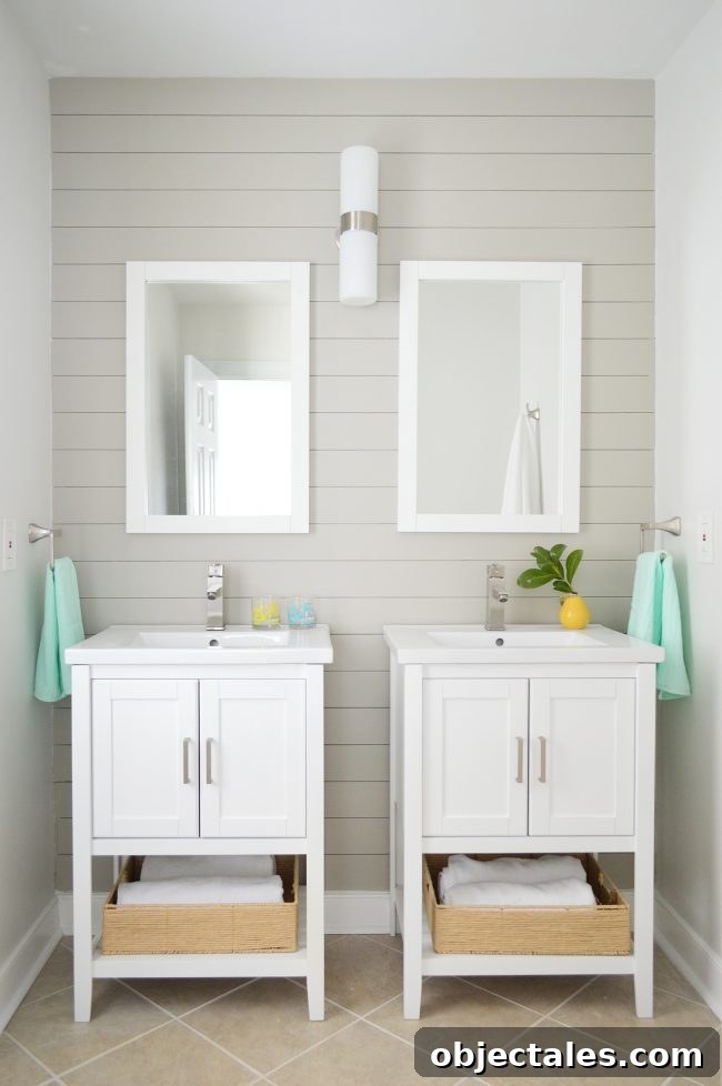 Home Staging Tips to Sell Faster or Simplify Your Space 2 pair of vanities in bathroom staged to sell with gray shiplap wall