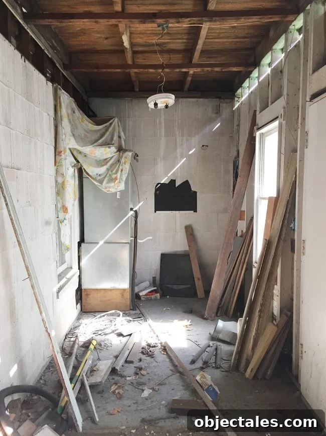 Conceal Your Water Heater with an IKEA Cabinet 3 before photo of laundry room with rotting walls and ceilings