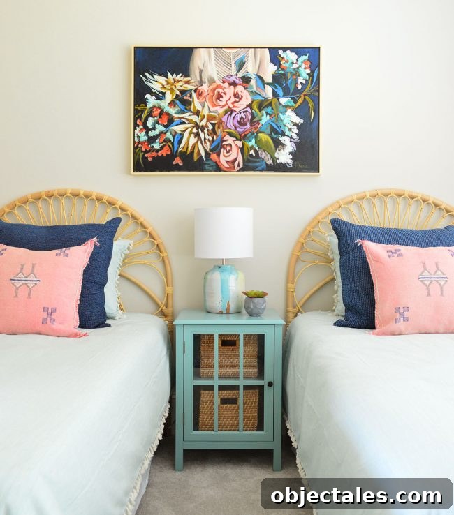 S's bedroom with rattan headboards