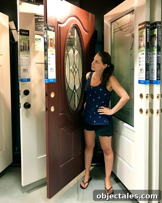 Front doors on display at a big box store