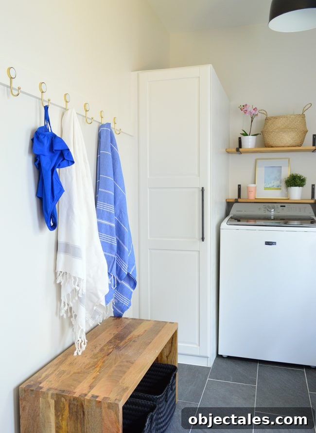 Build a Long Hook Rail for Your Mudroom 2 mudroom laundry room with long white coat hook rail