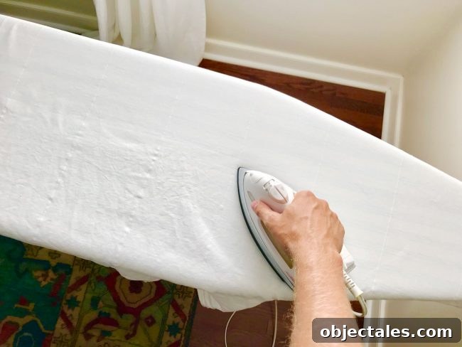 ironing ikea lenda curtains on ironing board