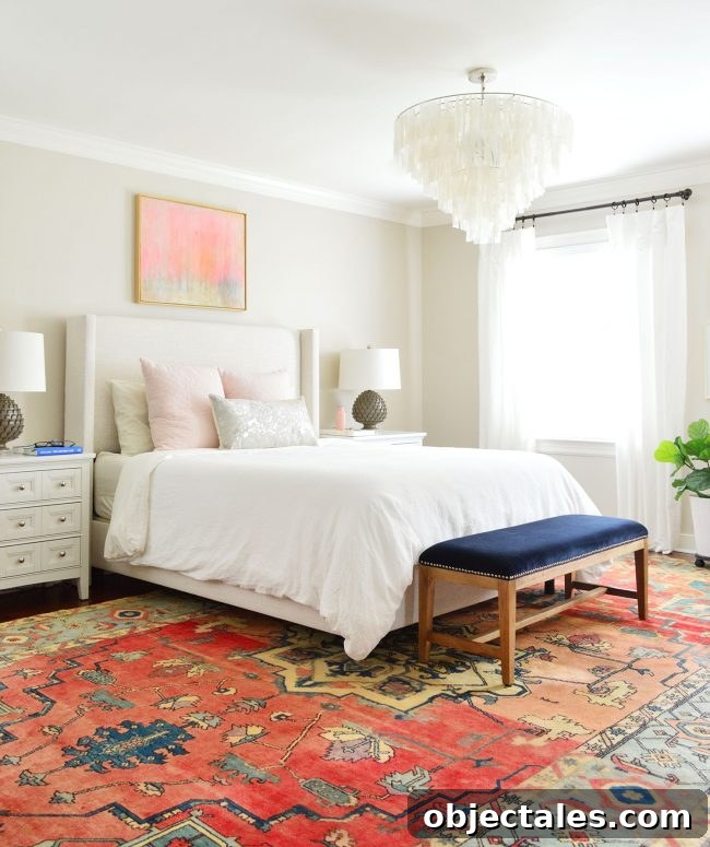 master bedroom with light upholstered bed and white ikea curtains