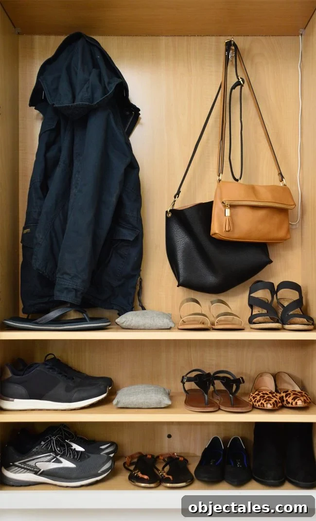 Shoes neatly stored on two shelves