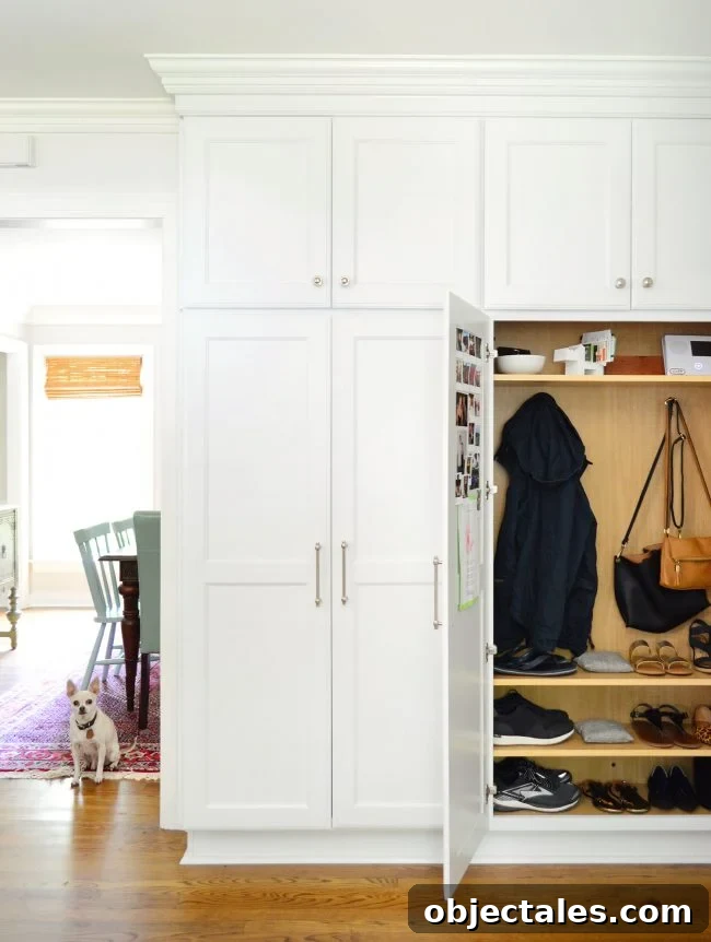 Dog sitting by the cabinet