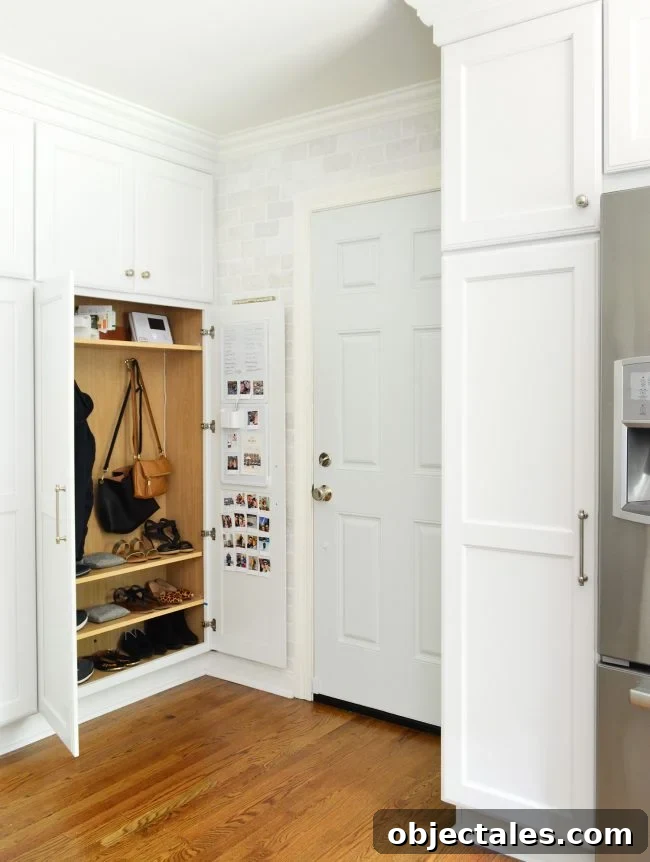 Photos taped inside cabinet door