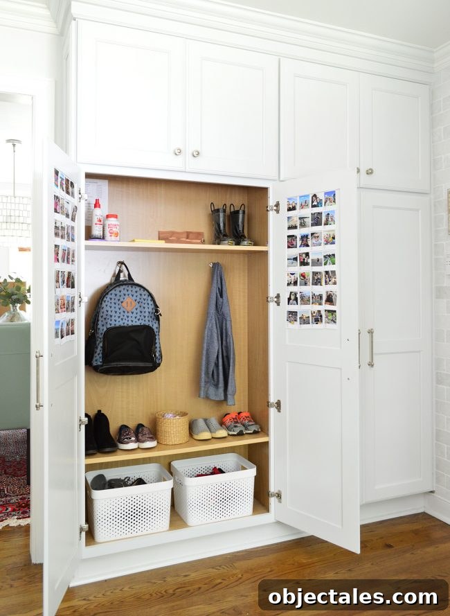 Children's locker area with hooks and bin