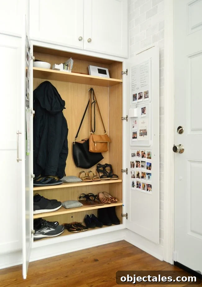 Organized mudroom with shoes and bags