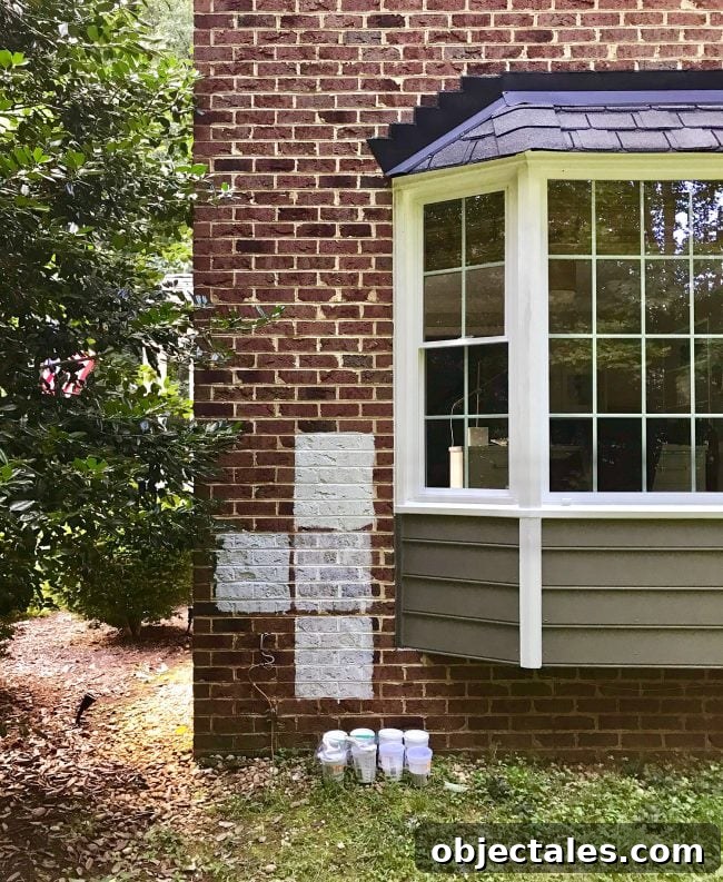 How We Painted Our Brick House White 15 sample sections of white paint on brick house