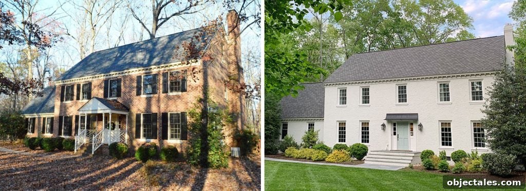 How We Painted Our Brick House White 5 White Painted Brick House Before And After Side By Side