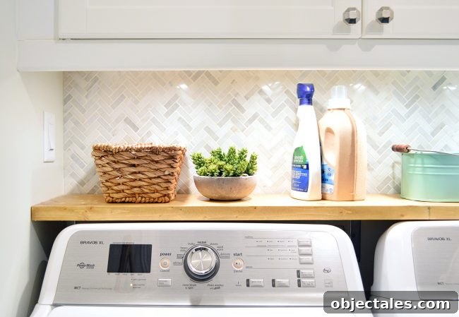 Laundry room under-cabinet lighting switched on