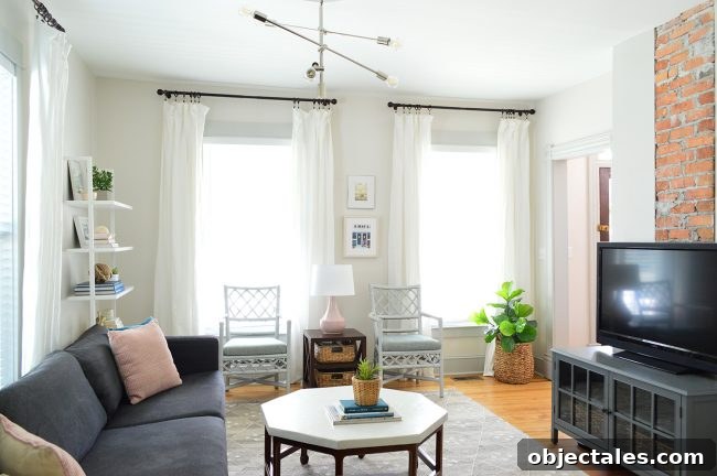 Beach house living room with 9-foot ceilings