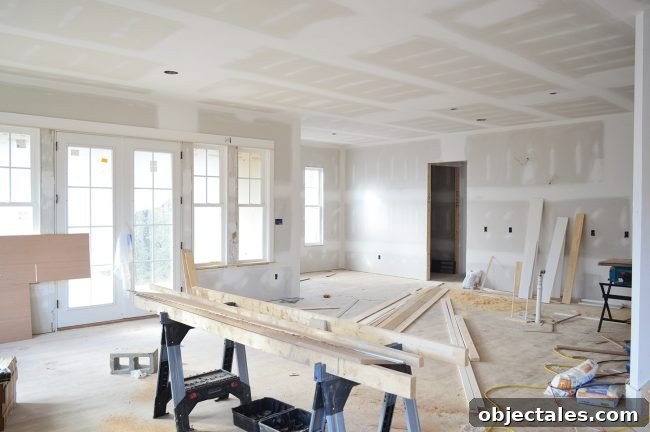 Open concept living, kitchen, and breakfast nook in progress