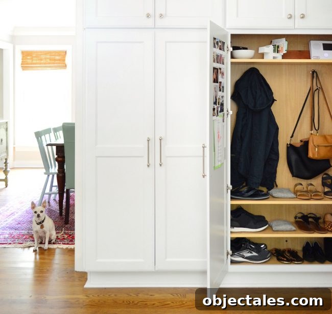 Makeshift mudroom area in the kitchen