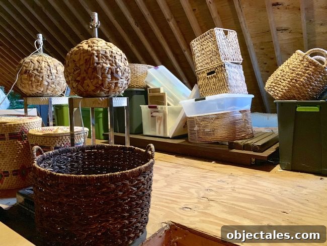 Wall of baskets stored in the attic