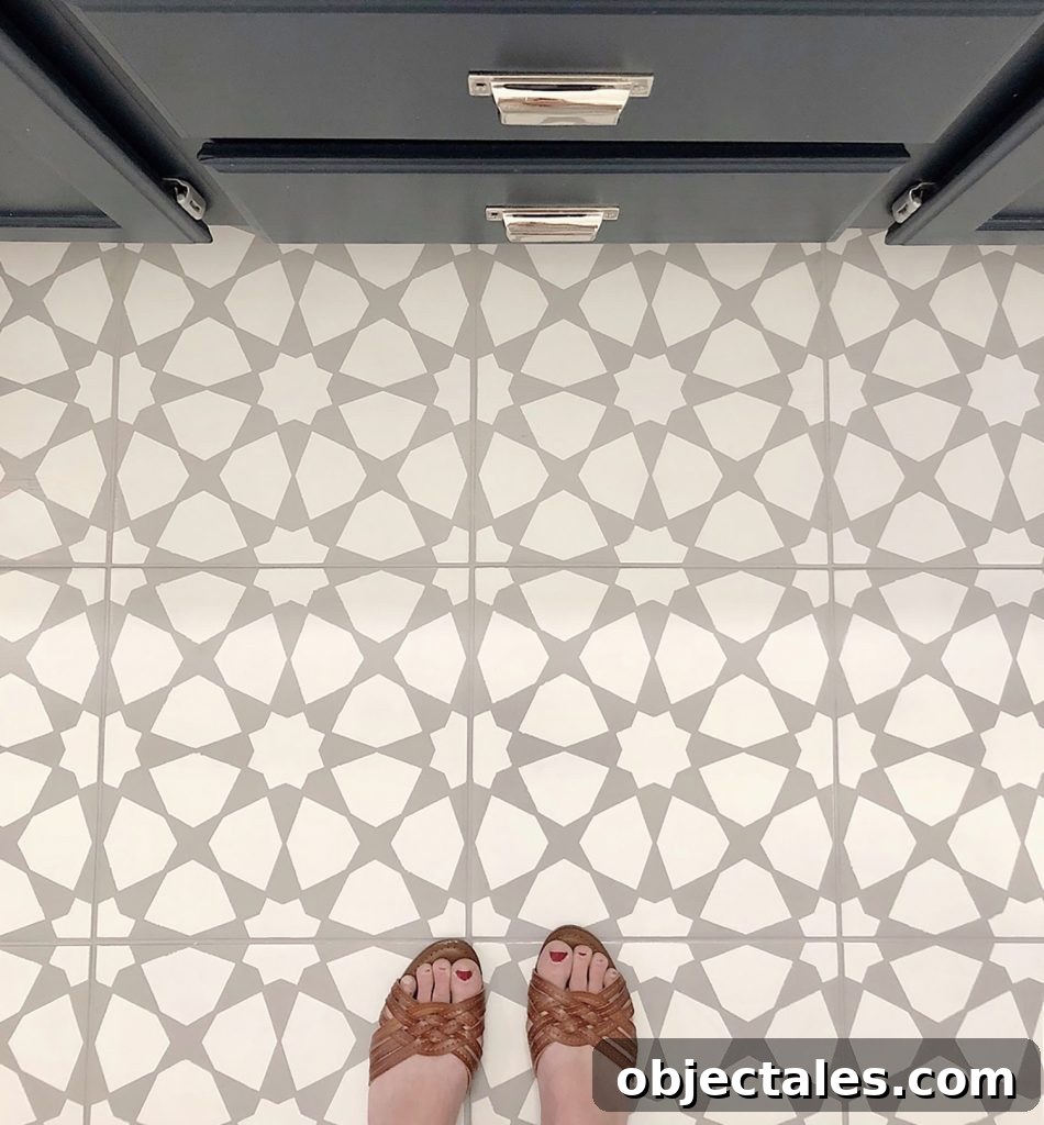 Stenciled bathroom floor before and after