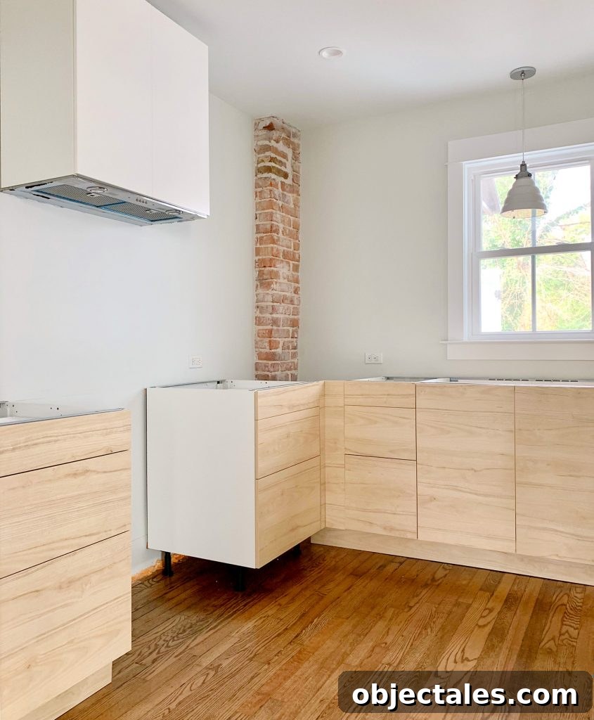View of installed cabinets and open space for counters