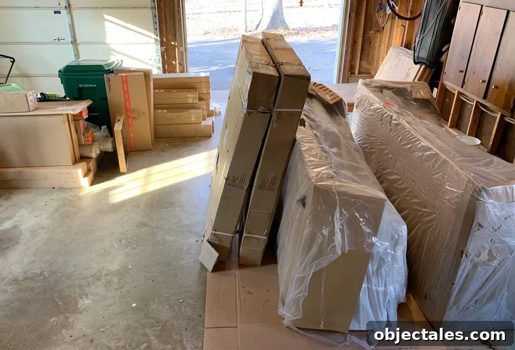 Messy garage with stacked boxes