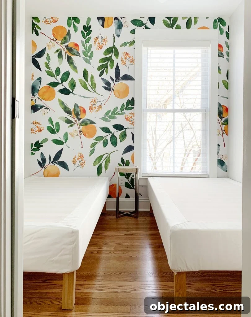 How to Install a Peel-and-Stick Wall Mural 16 Peel-And-Stick Wall Mural With Oranges In Room With Two Twin Beds