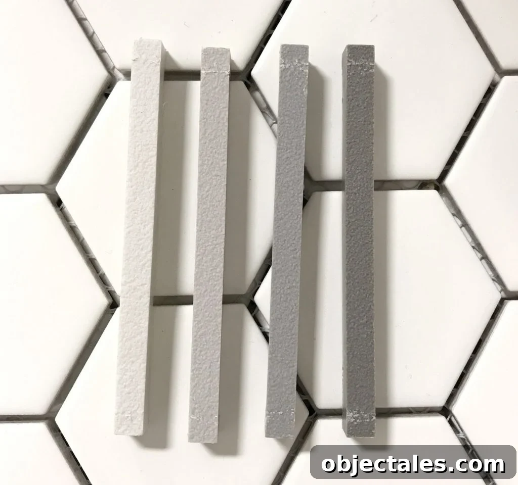 four mapei grout sample sticks atop white hex tile going from light to dark