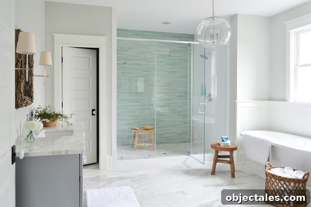 Aqua Glass Accent Shower Tile In Large Master Bathroom