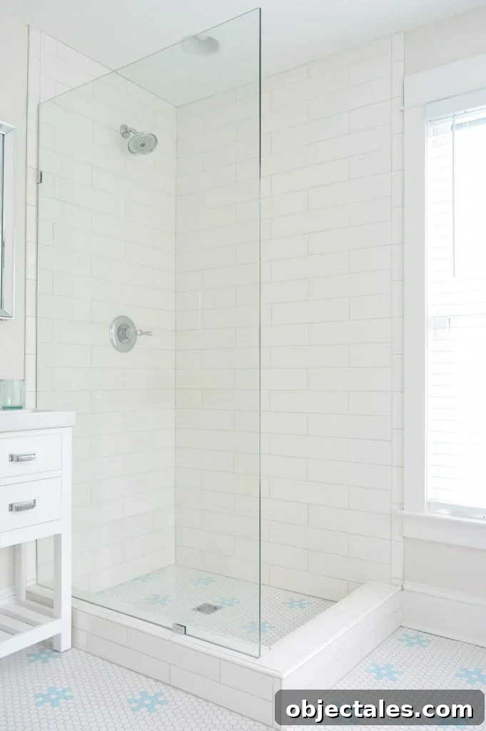 Frameless Glass Shower Panel In Subway Tile Bathroom