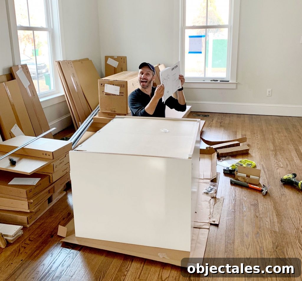 How to Install IKEA Kitchen Cabinets: Step-by-Step 3 Boxed Ikea cabinet parts sorted