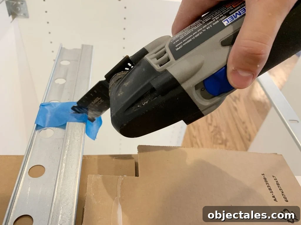 How to Install IKEA Kitchen Cabinets: Step-by-Step 10 Cutting Sektion rail with Dremel