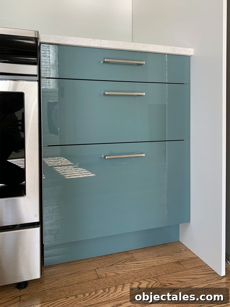 How to Install Cabinet Hardware: A Complete Guide 3 Finished Ikea Cabinets With Brushed Nickel Hardware Installed