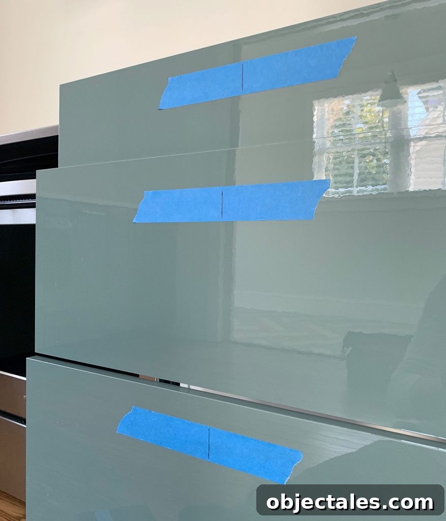 How to Install Cabinet Hardware: A Complete Guide 9 Center Lines Marked On Protective Tape On Kitchen Drawer Fronts