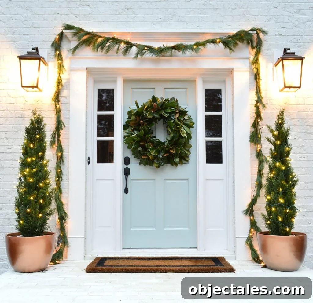 Glossy front door with christmas decorations tranquility benjamin moore