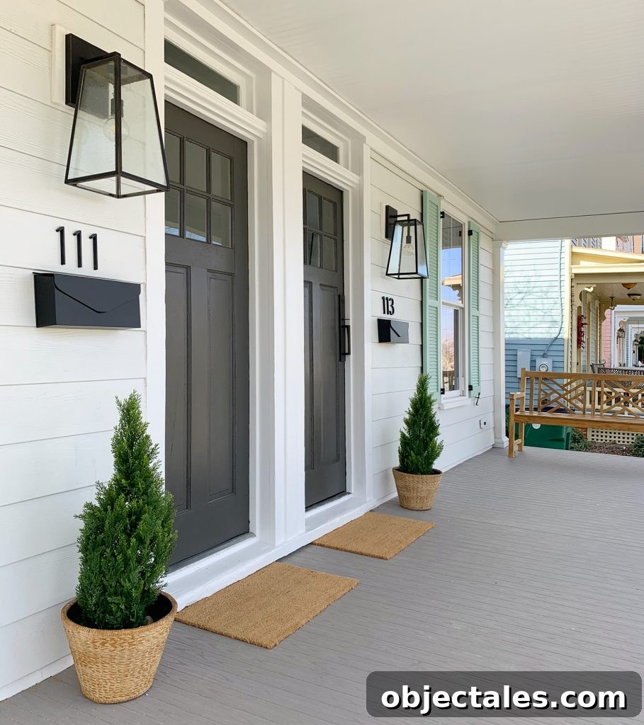 Duplex Front Porch Makeover: Stunning Before & After 15 Duplex Front Porch With Matching Doors And Wood Bench