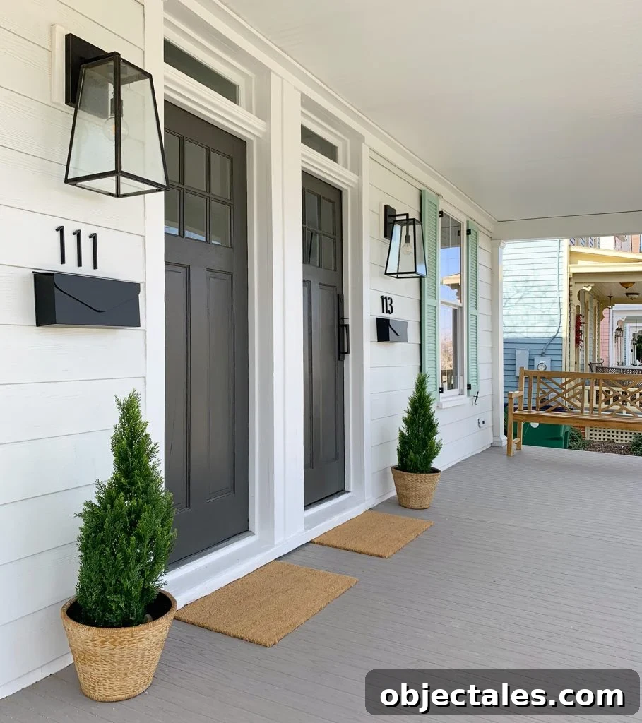 Duplex Front Porch Makeover: Before and After Transformation 15 Duplex Front Porch With Matching Doors And Wood Bench
