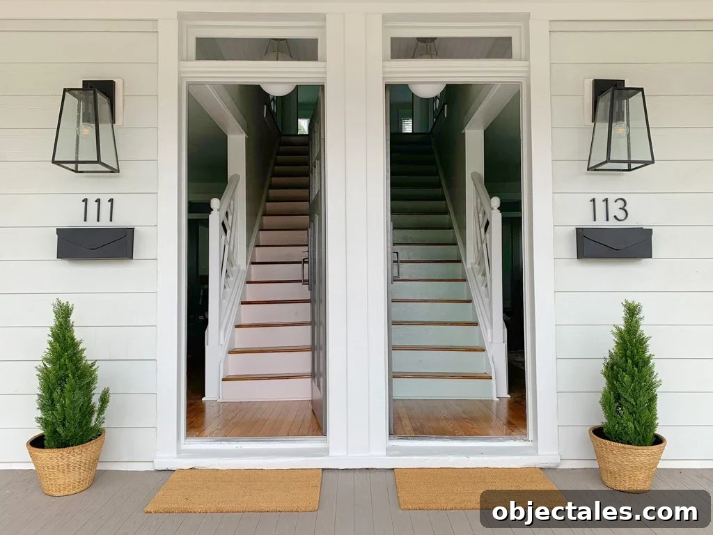 Duplex Front Porch Makeover: Before and After Transformation 16 Duplex Colorful Staircases With One Painted Pink One Blue Green With House Numbers