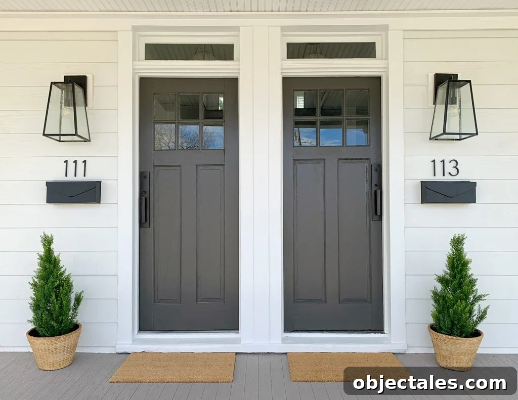 Duplex Front Porch Makeover: Stunning Before & After 5 Duplex Front Porch With Matching Dark Gray Doors Plants House Numbers Mailboxes