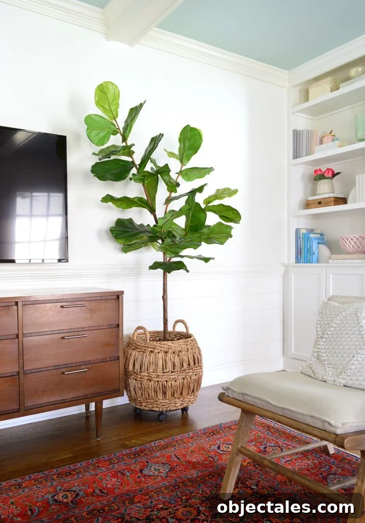 Low-Maintenance Houseplants and Realistic Faux Plants 7 Faux fiddle leaf fig from Target in basket