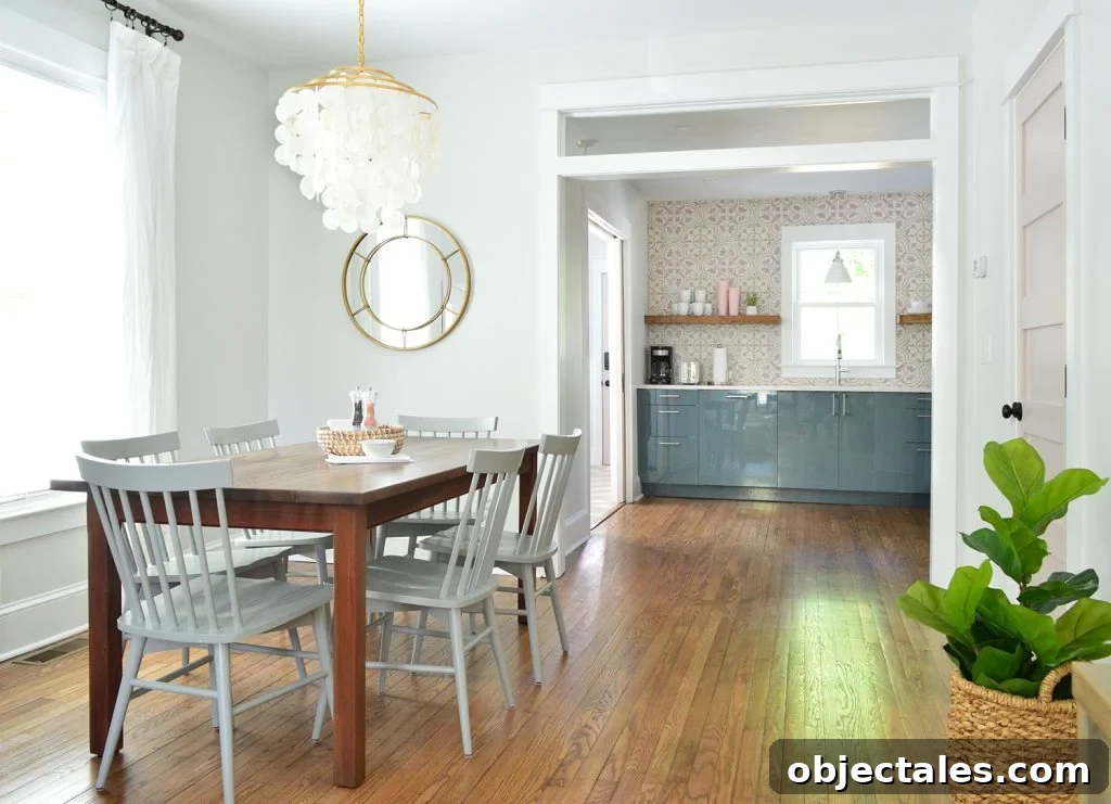 Refinish Your Table: Step-by-Step Guide to a Smooth Finish 18 Bright Dining Room With Capiz Chandelier Looking Into Pink And Blue Kitchen