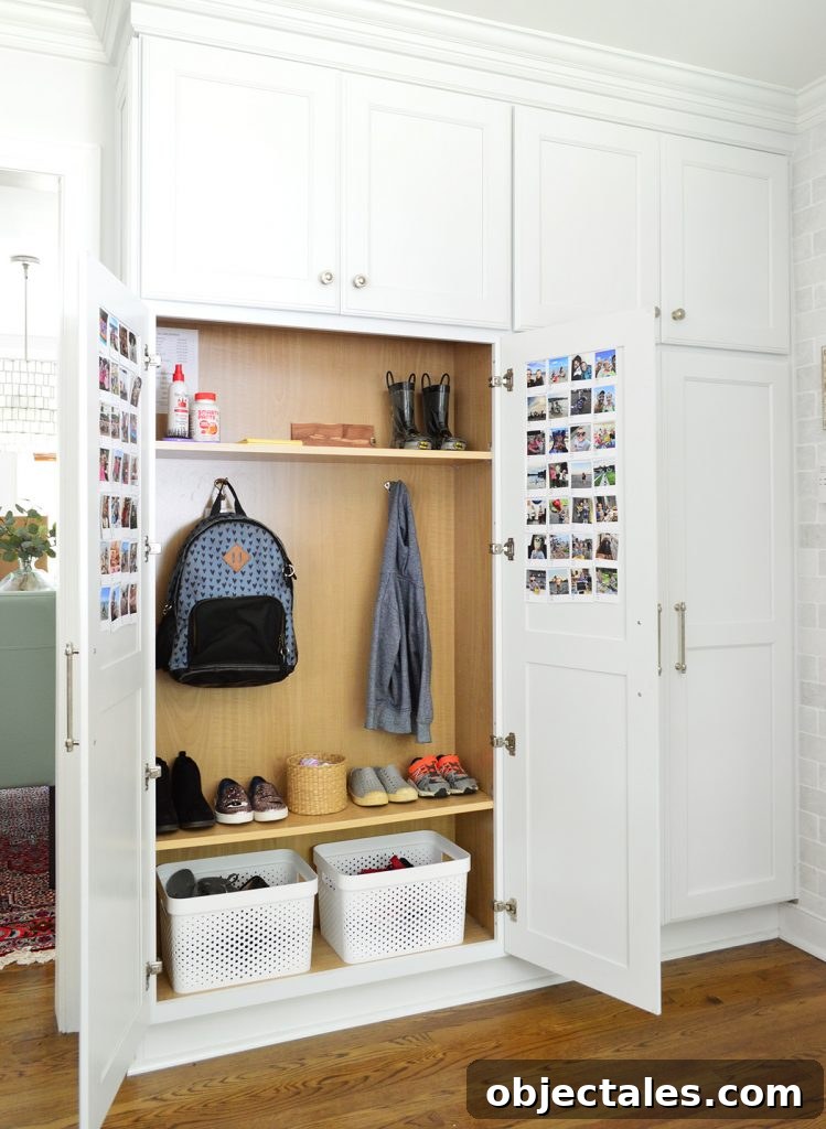 Mini mudroom with family photos