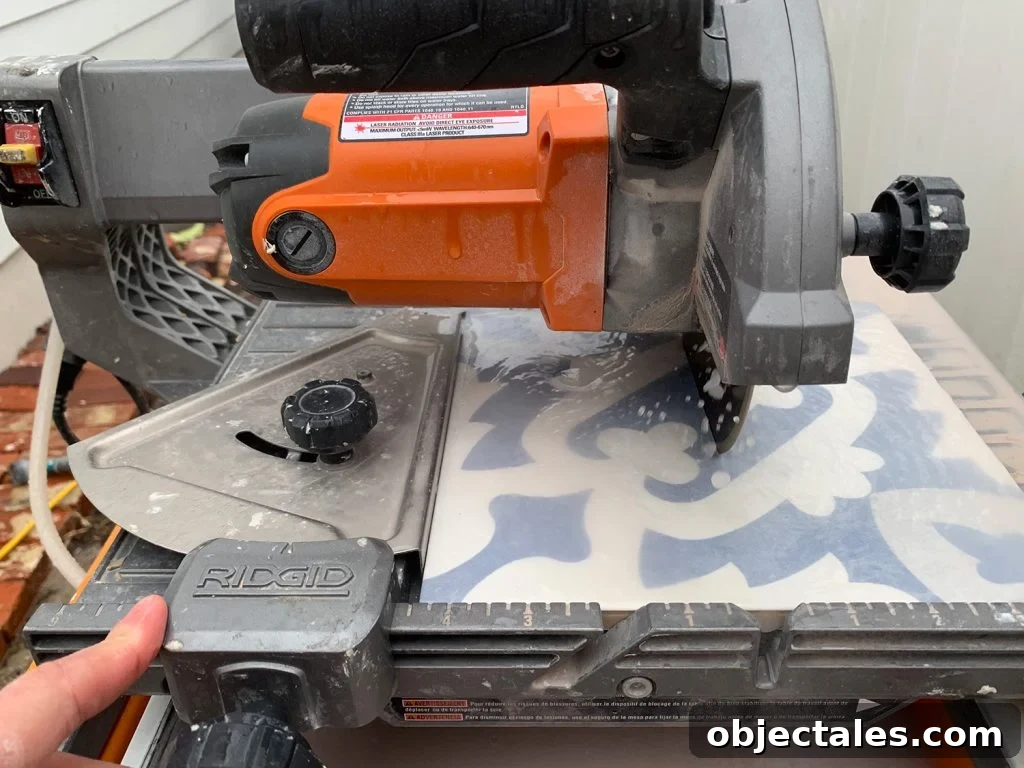 8 Essential Prep Steps Before Tiling 14 Cutting Patterned Tile On Wet Saw Using Guide