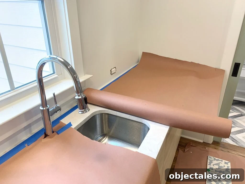 8 Essential Prep Steps Before Tiling 15 Red Rosin Paper Protecting Kitchen Counter Before Backsplash Installation