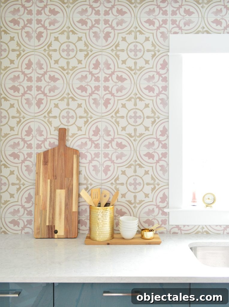 Close Up Of Pink Patterned Tile With Cutting Board Leaned Up