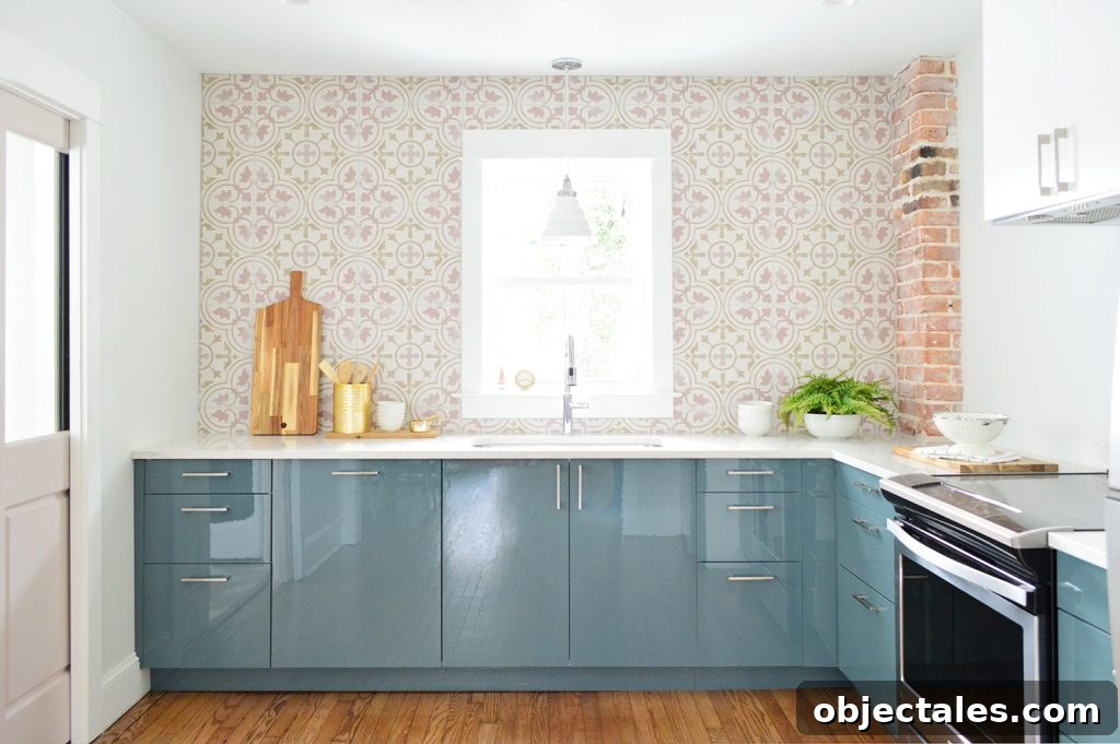 Pink Tile Bar Backsplash Installed In Blue Ikea Kitchen